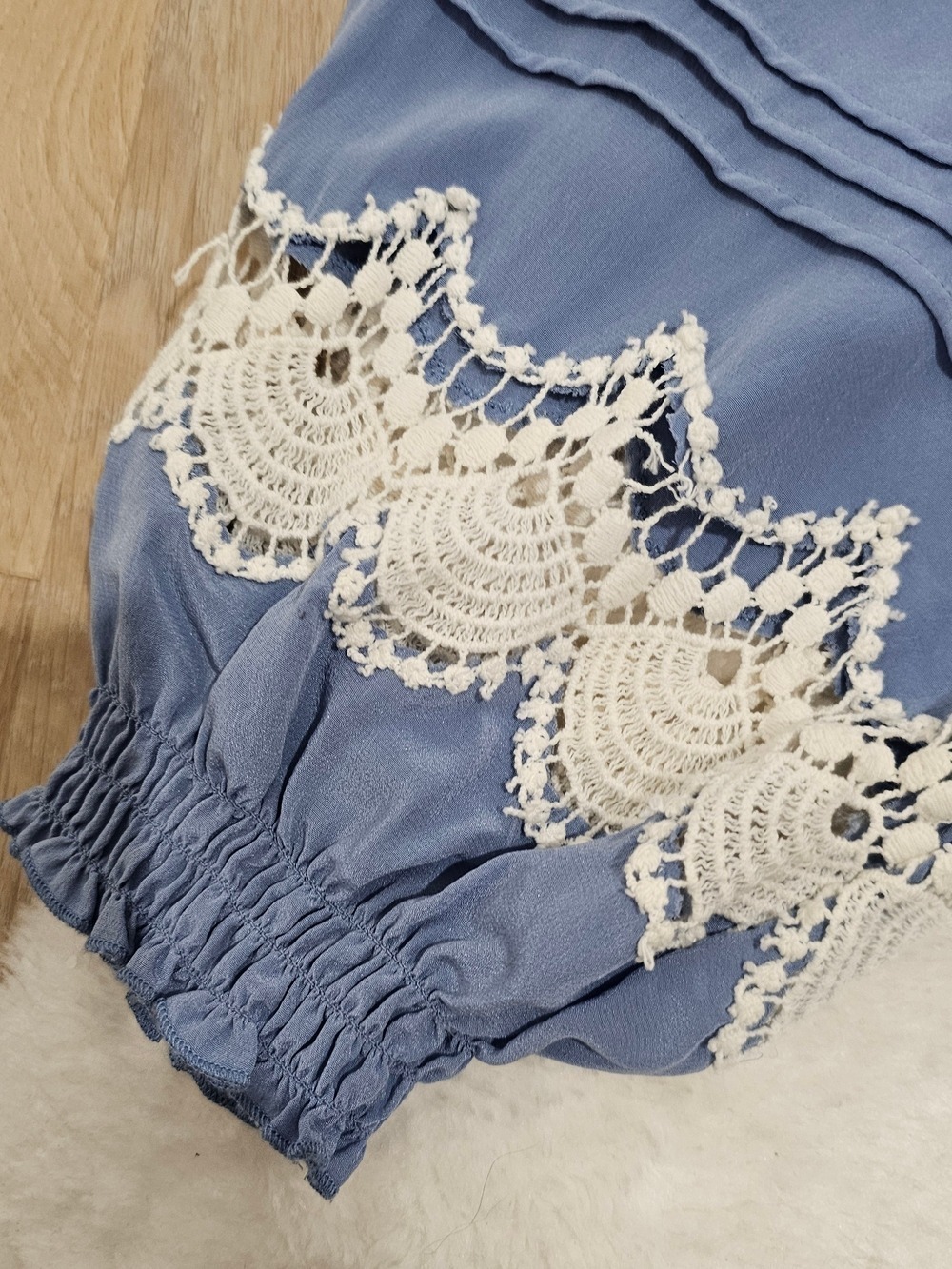 Bebe Cottagecore Lace Trim Cold Shoulder Dress Fairycore Boho Off Shoulder Blue - Picture 8 of 16
